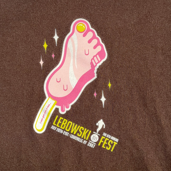 Big Lebowski Shirt Adult LARGE Brown Fest Foot Popsicle Toe Bowling Movie Y2K - Picture 2 of 5